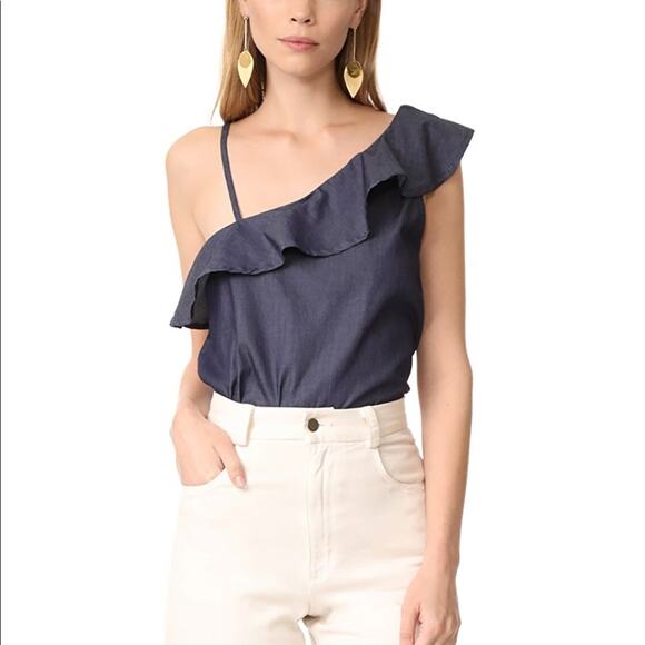 NEW REVOLVE MCGUIRE Cassia Denim Ruffle Asymmetrical Tank Top Blouse Shirt L - Picture 1 of 8